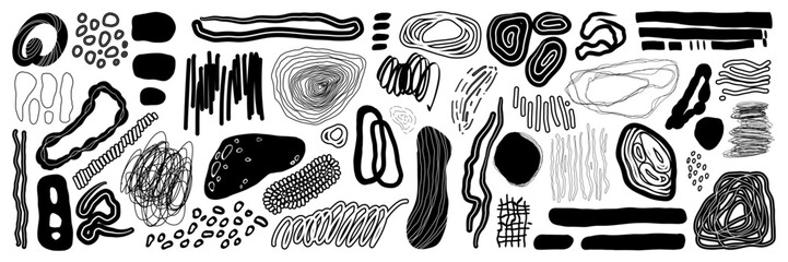 Graphic shape and texture set. Crosshatch, spiral, dot and different forms and scribbles. Hand drawn vector isolated elements.