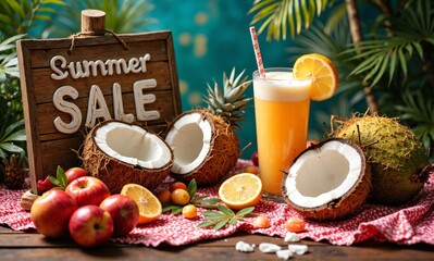 A refreshing arrangement of tropical fruits, including coconuts, pineapple, and citrus, with a chilled beverage on a rustic surface.