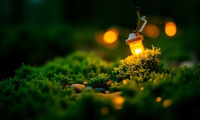 Warm, ambient string lights illuminate lush greenery, creating a cozy and inviting outdoor ambiance.