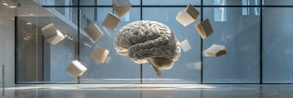 Poster floating books creatively form a brain shape in an airy space illuminated by soft backdrop lighting