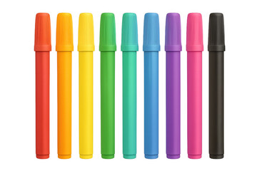 Colorful marker collection displaying spectrum hues, spread across transparent surface for artistic expression