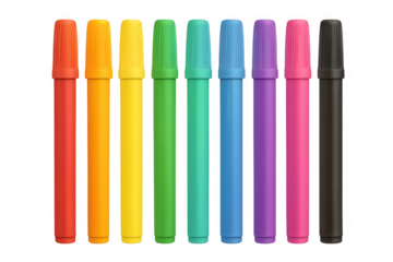 Colorful marker collection displaying spectrum hues, spread across transparent surface for artistic expression