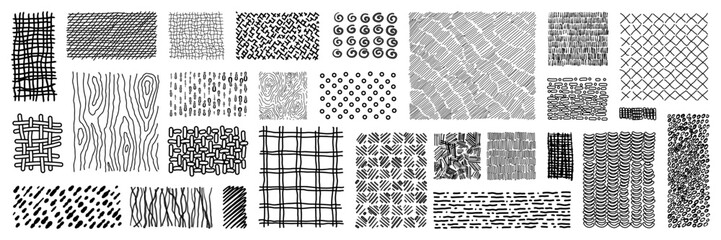 Crosshatch pattern texture set. Hand drawn pencil line. Wood, rain, stripe, hatch organic shape collection. Sketch vector isolated elements.