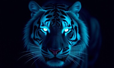 A majestic tiger with glowing blue eyes emerges from darkness, radiating an ethereal and powerful presence.