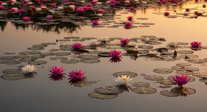Pink and white lotus blossoms on a pond at sunrise
