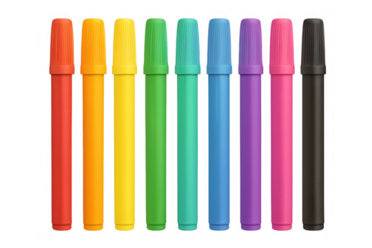 Colorful marker collection displaying spectrum hues, spread across transparent surface for artistic expression