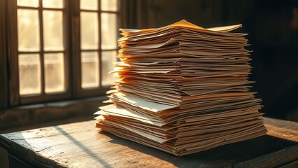 Stack of old papers on vintage desk in sunlight
