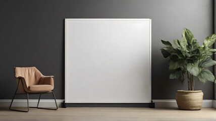 Minimalist interior design with a blank white canvas mockup, a stylish chair, and a green plant in a pot. Perfect for showcasing your artwork or design.