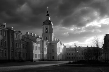 A grayscale view of a historic European town square.