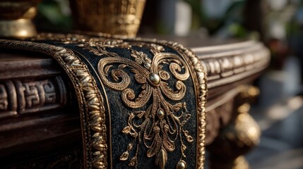 Elaborate golden filigree detail on a dark surface, antique treasure