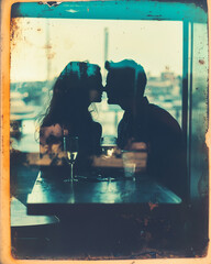 Expired polaroid film portrait of a romantic dinner at an outdoor cafe, featuring multiple exposures, 