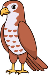 Illustration of a brown and white falcon standing upright, looking to the left with a yellow beak.