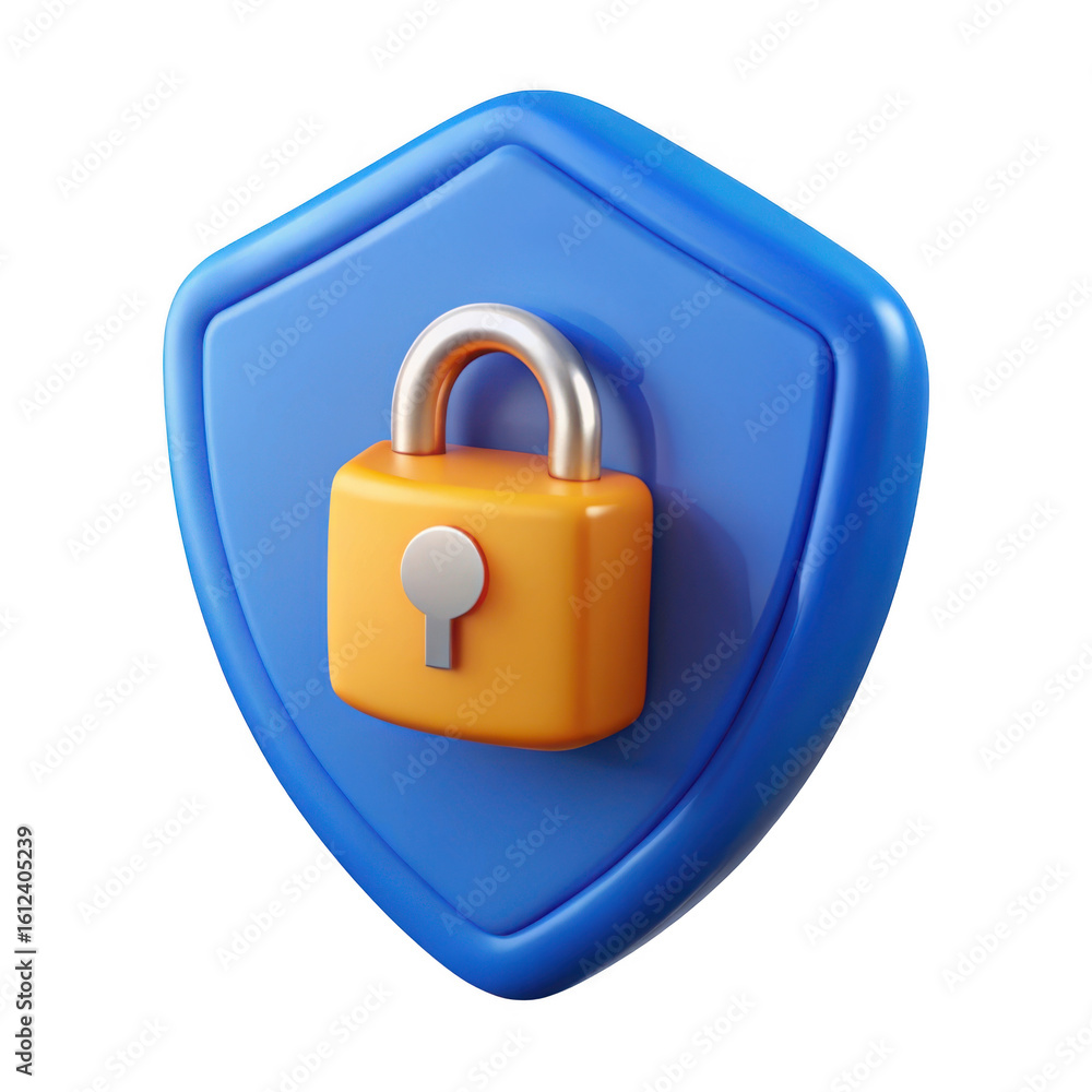 Poster 3d security shield with padlock isolated on transparent background