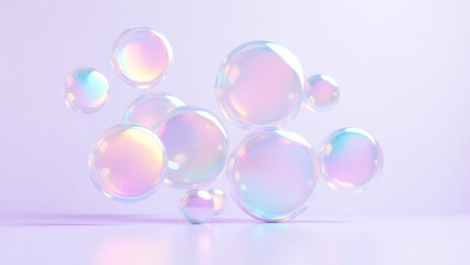 Iridescent soap bubbles floating on a pastel purple background