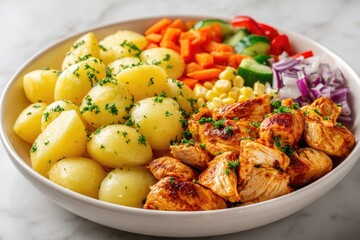 A colorful dish of seasoned chicken, potatoes, and vegetables.