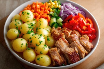 Roasted chicken and small potatoes with vegetables in a bowl.
