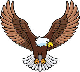 Cartoon illustration of a bald eagle with brown feathers and white head, wings spread.