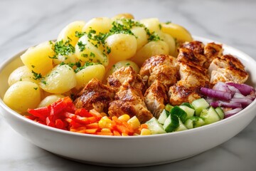 Grilled chicken and potatoes with vegetables in a bowl.