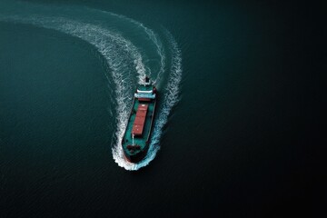 Cargo ship cutting a wake through dark water.
