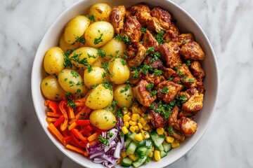 Chicken and potato bowl with mixed vegetables.