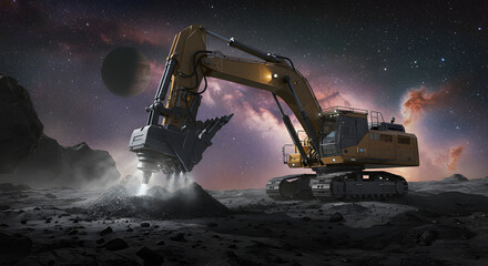 Space Mining: Heavy Excavator on an Alien Planet Landscape