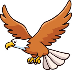 Cartoon illustration of a bald eagle in flight, with outstretched wings and detailed features.