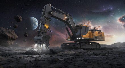 Space Mining: Heavy Excavator on an Alien Planet Landscape