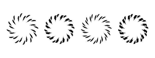 Fototapeta premium Set of round frames with bolt silhouette print. Circular borders with lightning icons isolated on white background. Shock, energy, power or danger comic design elements. Vector graphic illustration.