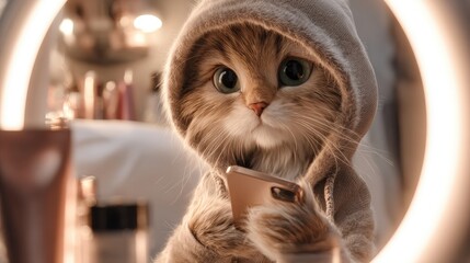 Cute cat wearing a hoodie and holding a phone.