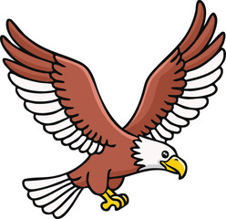 Cartoon illustration of a bald eagle in flight, wings spread, with a white head and brown body.