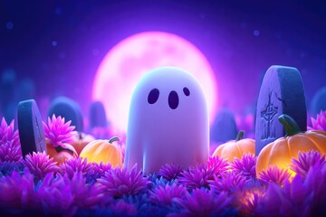 Cute ghost in a graveyard at night.