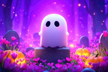 Cute ghost stands among tombstones and pumpkins in a mystical graveyard.