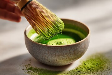 Matcha powder being whisked into a bowl.