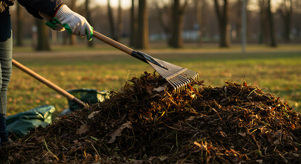 Autumn leaf clean-up: Gloved hands raking a large pile of fallen leaves outdoors in a park