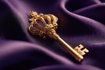 Golden key with ornate crown top on purple fabric.