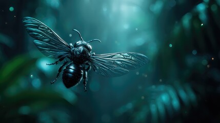Detailed close-up of a dark insect in a teal environment.
