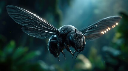 Detailed close-up of a dark bee in flight.