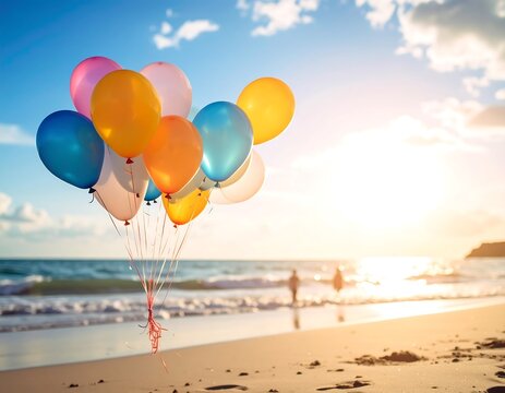 Colorful balloons on a beach at sunset (1) - Powered by Adobe
