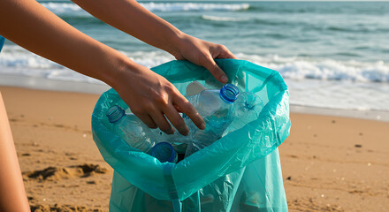 Beach cleanup: Hands collecting plastic bottles in a bag on sandy shore. Volunteer removing ocean waste for environmental protection.