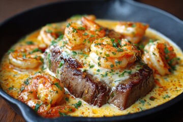 Grilled steak with shrimp in a creamy sauce.