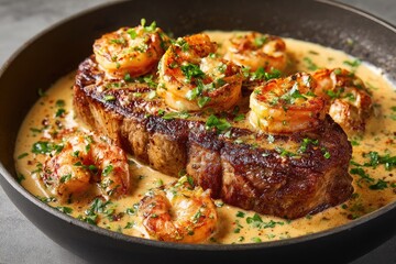 Grilled steak with shrimp in a creamy sauce.
