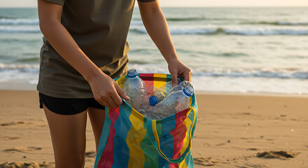 Person collecting plastic bottles on a sandy beach. Environmental cleanup, ocean conservation, and sustainable waste management.