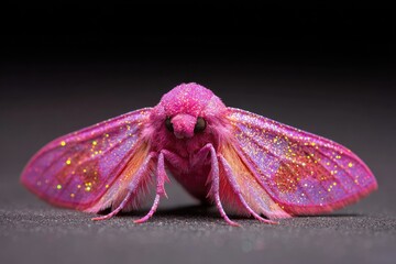 A close-up of a vibrant pink moth with golden glitter.