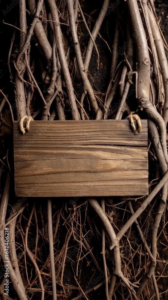 Poster rustic wooden sign hanging by rope amidst tangled tree roots and branches in a forest environment fo