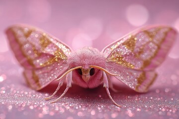 A pink moth with golden glitter wings.