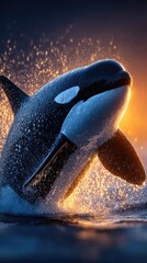 Orca leaping out of the water at sunrise.