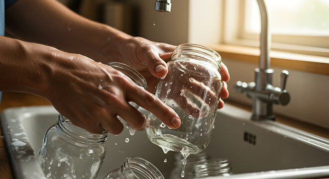 Close-up of hands washing reusable glass jars under running water in a kitchen sink, highlighting eco-friendly practices.