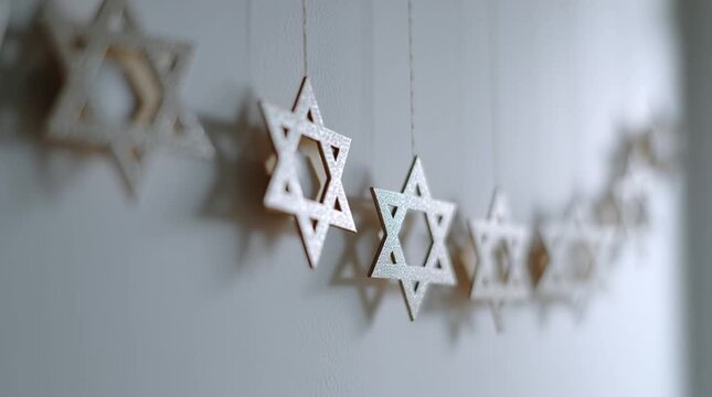 Paper star of david garland hanging on white wall with soft natural lighting
