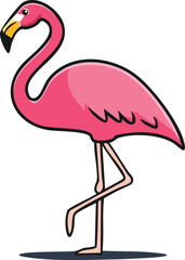 Cartoon illustration of a pink flamingo standing tall.
