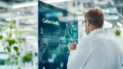 Businessman interacting with futuristic digital interface in modern office environment - Powered by Adobe